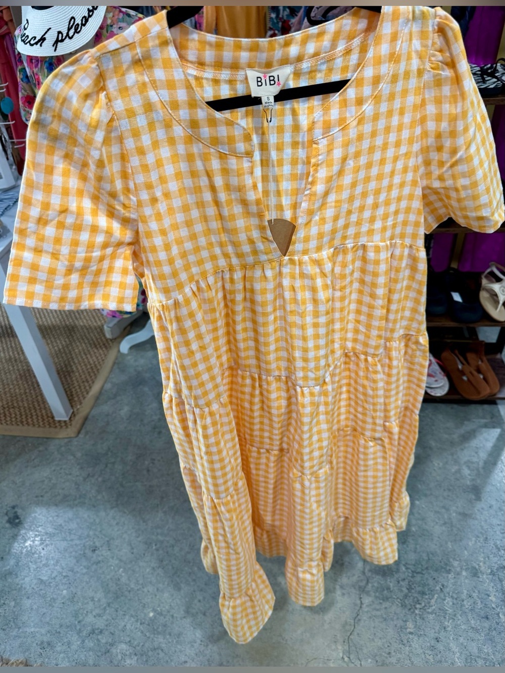 BiBi Yellow Gingham Tiered Dress